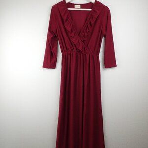 Jon & Anna Dress Red Maroon Long Ruffle V Neck 3/4 Sleeve Womens Small Worn Once